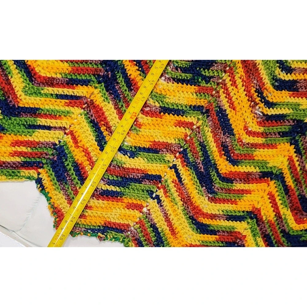 🔥 Vintage Wool  Hand Made Rainbow Zig Zag Blanket Afghan 55